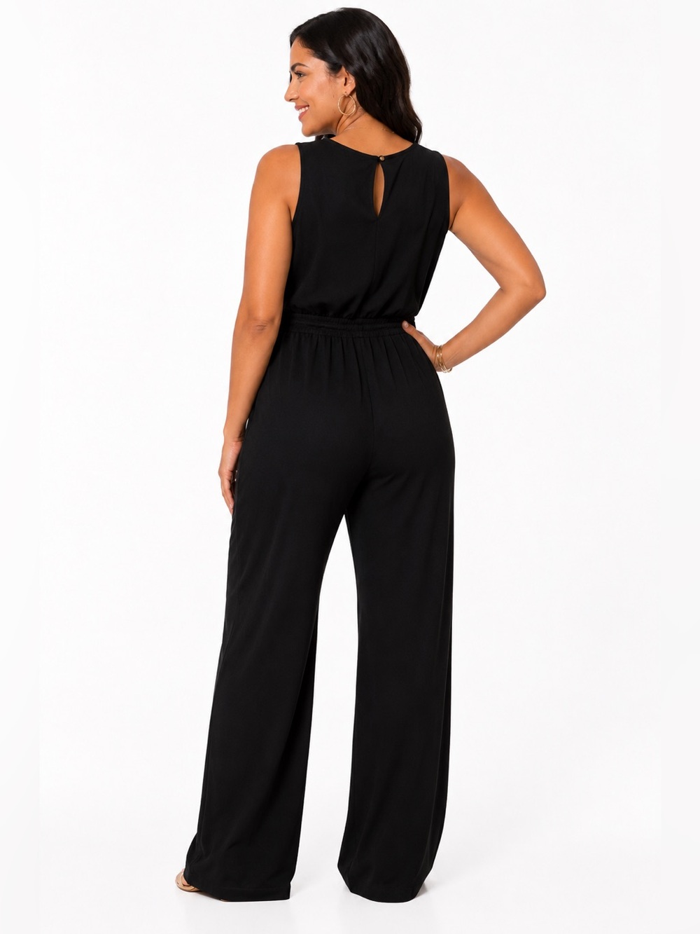Women’s Black Wide Leg Jumpsuit Gold Detail V-Neck Medium - Picture 2 of 11
